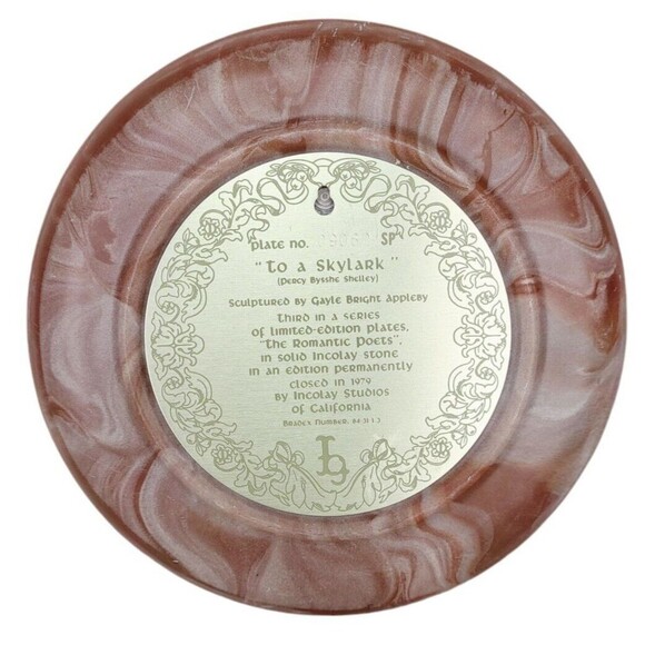 Vintage 1979 Pink Solid Incolay Stone "To A Skylark" 3D Decorative Plate - Picture 6 of 7
